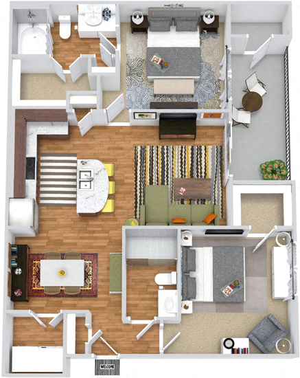 Floor plan for 2 beds, 2 baths, 1035 sqft